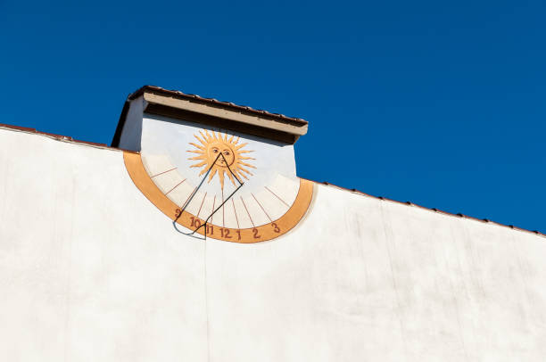 istock Sundial mounted on a wall against a backdrop of clear blue sky 2155899080