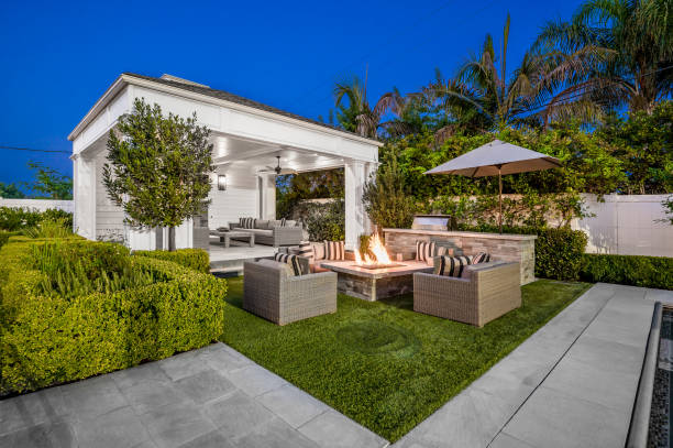 istock Backyard with a fire pit in a new construction home in Encino, California 2155899995