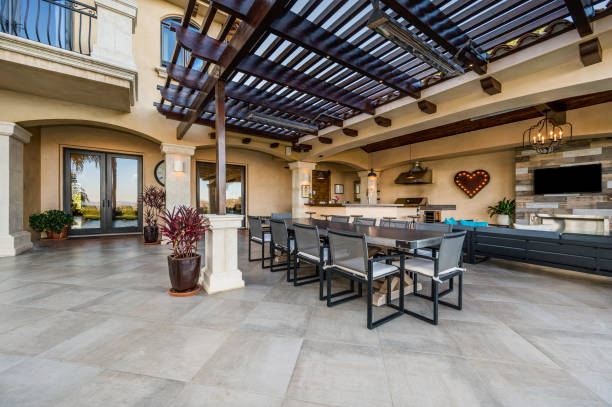 istock a patio area with a table and chairs on it, and open areas are great 2155900744