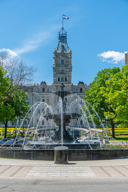 Facade of the Quebec Parliament building and the Tourny fountain.