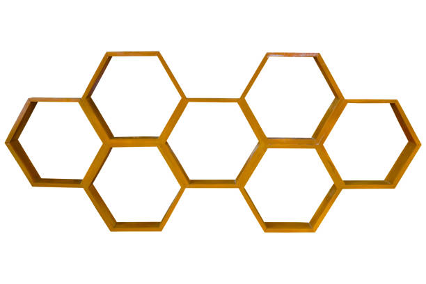 Wooden shelf, hexagonal shape, honeycomb shape, with 7 compartments for storing items. Concept for home decoration wood products, wooden furniture. Soft and selective focus.
