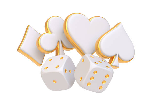 Poker suits in white with elegant gold trim and matching dice isolated on a white background, symbolize a blend of tradition and luxury in gaming. 3D render illustration
