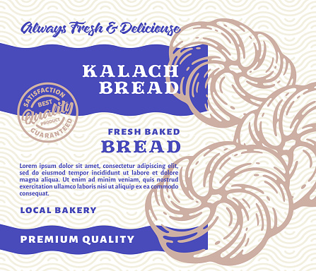 Vector Kalach Packaging Design Or Label Premium Bakery With Hand Drawn Kalach Bread ...