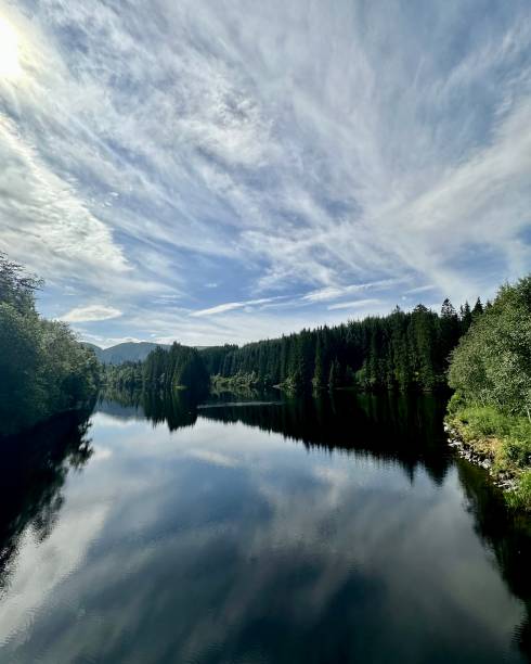 istock a lake that is surrounded by nature and forest, the sun's rays illuminate the treetops while the reflection of that beautiful lake shore can be seen in the water 2155917484
