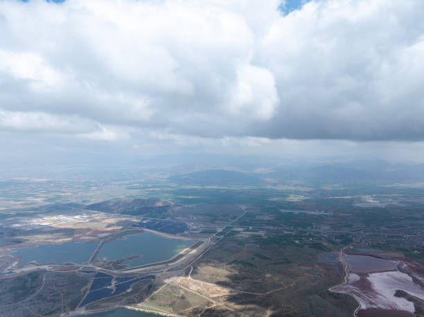 Aerial view of Colorful Dams and Solar Power Plants in Konya, Türkiye. Taken via drone.