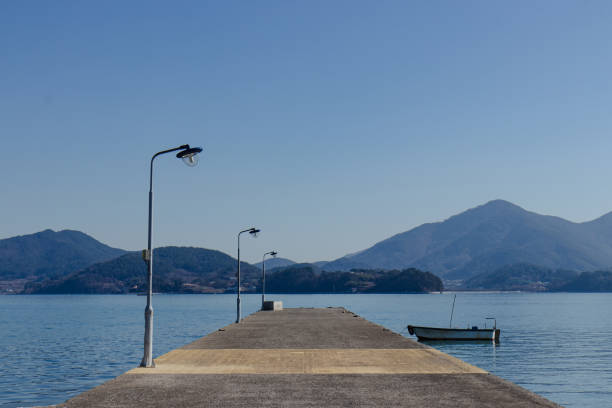 Scenic pier with lampposts and moored boat