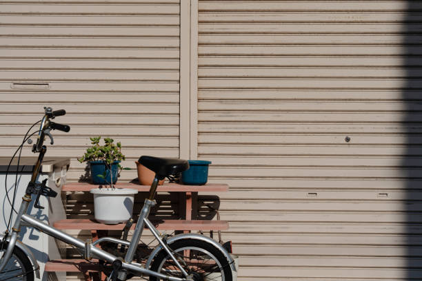 Bicycle parked outside a house with potted plants