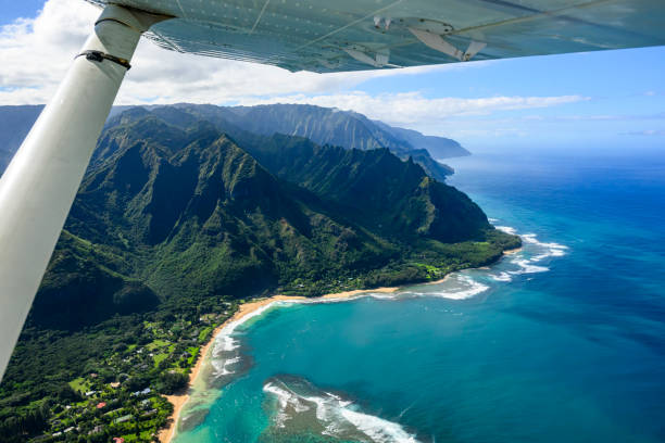 Aerial view of the village Hanalei, the Hanalei Bay and the Napali Coast of Kauai, Hawaii