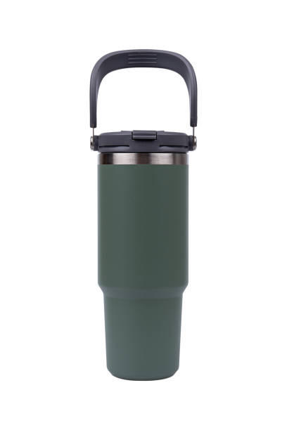 istock Green stainless steel water bottle isolated on white background. 2155923963