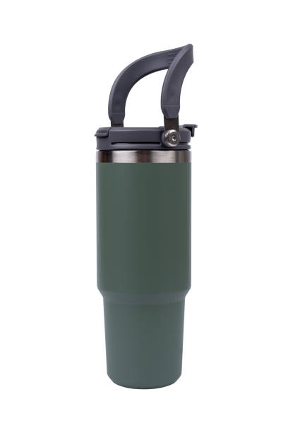 istock Green stainless steel water bottle isolated on white background. 2155923965