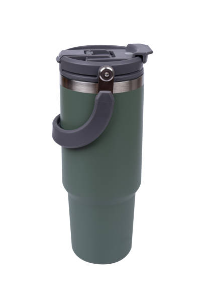 istock Green stainless steel water bottle isolated on white background. 2155923982