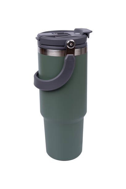 istock Green stainless steel water bottle isolated on white background. 2155923984