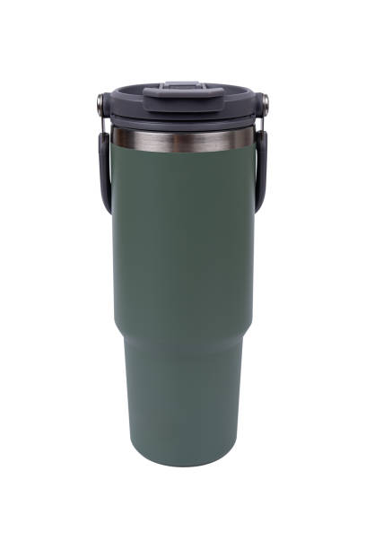 istock Green stainless steel water bottle isolated on white background. 2155923995