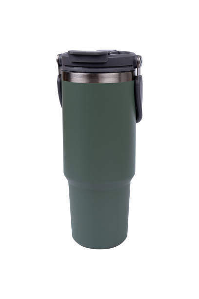 istock Green stainless steel water bottle isolated on white background. 2155924012