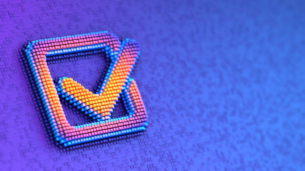 Check mark sign on the futuristic blue pixelated background. Approved, vote symbol. Correct choice 3d illustration.