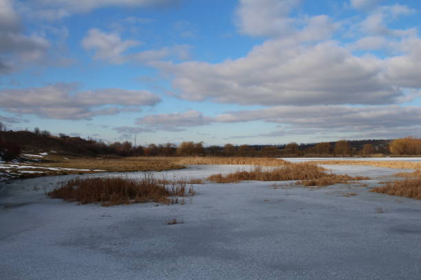istock A frozen lake with trees and blue sky 2155936279