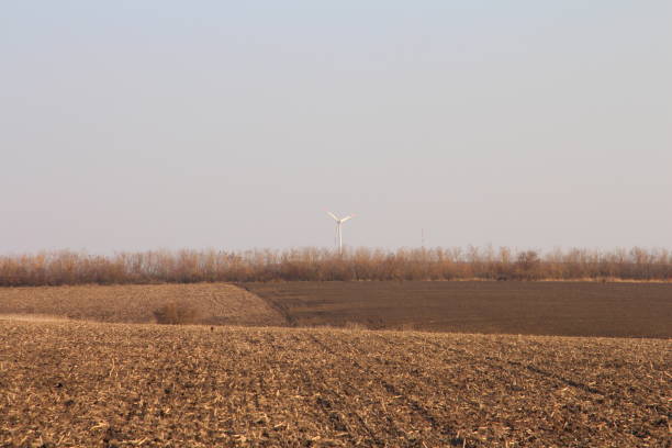 An onshore wind turbine is above the treeline. Though hard to see, there is a bag of tools being raised up to the fan.  The foreground is an agricultural field.  There are white fluffy clouds against the blue sky. Wind farm is located outside of Kenton Ohio, USA.