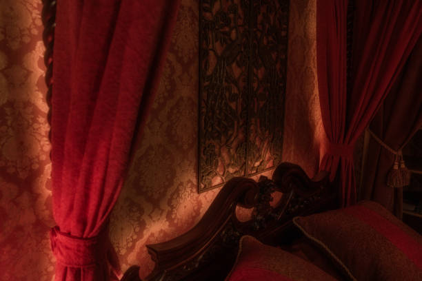 istock headboard of an authentic victorian poster bed in red bedroom 2155942429