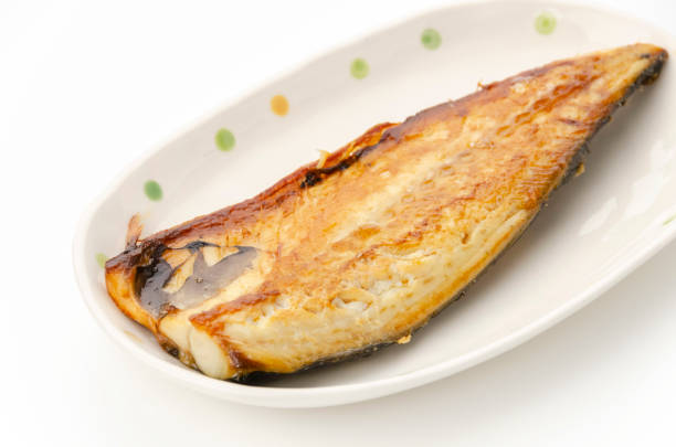 istock Grilled mackerel(Saba) on a plate on white background 2155946028