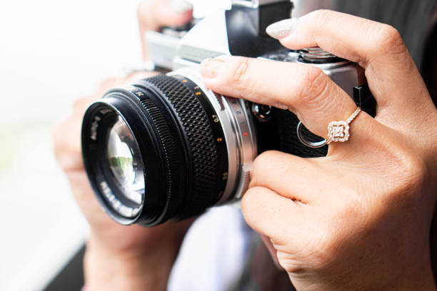 istock Woman photographing with vintage camera 2155946692