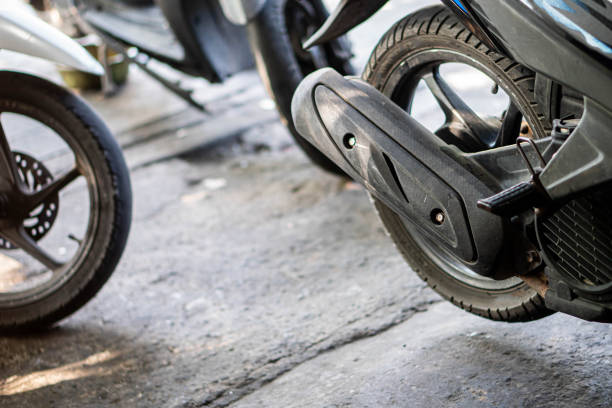 istock Motorcycle Rear Wheel and Suspension in Workshop 2155947998