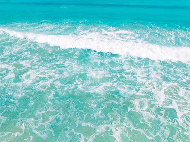 Top view beach with waves crashing on sandy shore,Beautiful waves sea surface in summer seascape background,Amazing beach colorful water background
