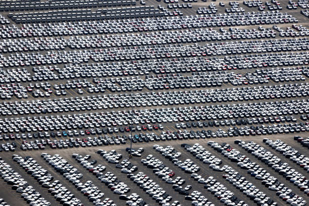 Aerial view of New cars in the port of Jaxport on the St Johns River Jacksonville Florida photograph taken May 2024