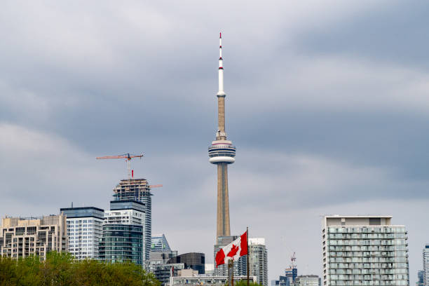 CN Tower in Toronto, Ontario, Canada shot on October 27, 2022.  The tower is a 553.3 meter-high concrete communications and observation tower built on the former Railway Lands.  Completed in 1976, its name \