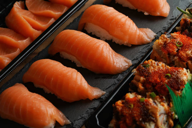 Salmon Nigiri, Salmon Sashimi and Maki