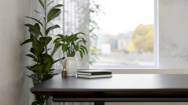 istock A table near the window featuring a reed diffuser, books, and plants in a minimalist white room. 2155959123