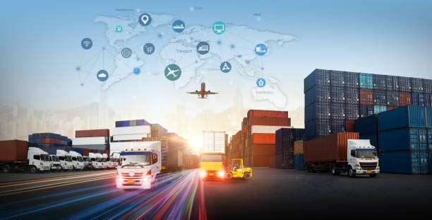 istock World map with logistic network distribution on background. Logistic and transport concept in front Logistics Industrial Container Cargo freight ship for Concept of fast or instant shipping, Online goods orders worldwide 2155960044