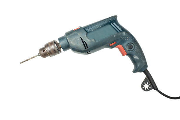 Closeup view of electric drill mechanic tool isolated over white background