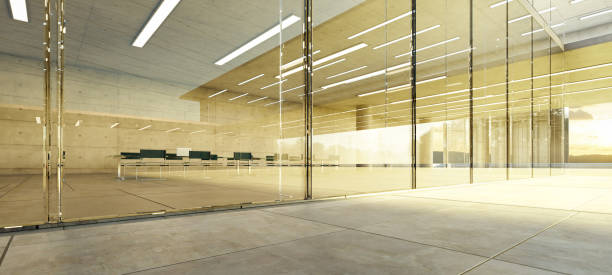 istock 3D Modern office space with glass walls and sunlight 2155962952