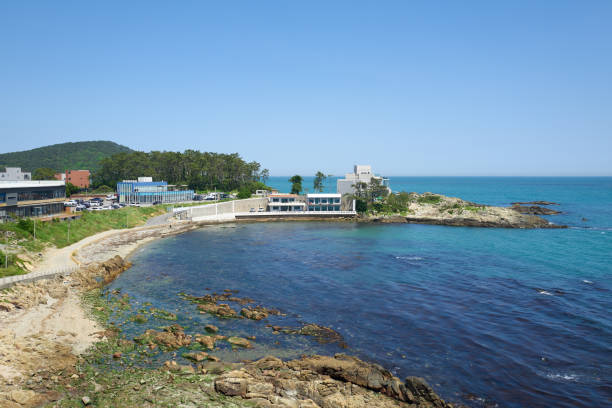 Serene coastal town by turquoise sea