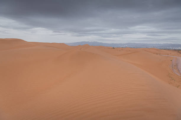 Close up view on the waves of the sand created by the wind in the desert of Inner Mongolia, China. Background image with copy space for text, black and white