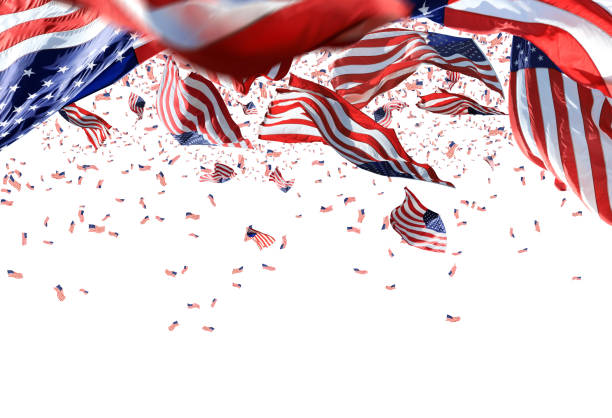 istock Large group of American flags falling over white background 2155964977