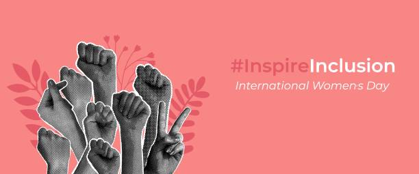 istock Trendy halftone collage. Horizontal banner. Concept of female power, feminism, equality, tolerance. Women raised fists, protesting. Cartoon flat vector illustration. 2155970800