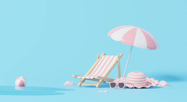 istock Minimal Summer scene with beach chair, hat and umbrella on blue background with ocean. 3D render. 2155971387