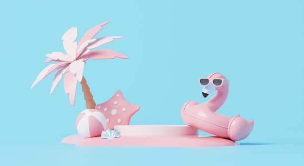 istock 3D render, minimal Podium display for showing product with summer element pink flamingo inflatable ring, beach ball, coconut tree on sand beach and blue background. 2155971389