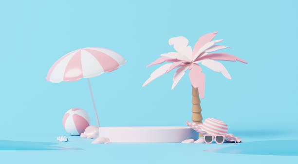 istock 3D render, Minimal summer white podium display on blue background decorate with cute summer element beach umbrella, ball, tree and sunglasses, travel design concept. 2155971462