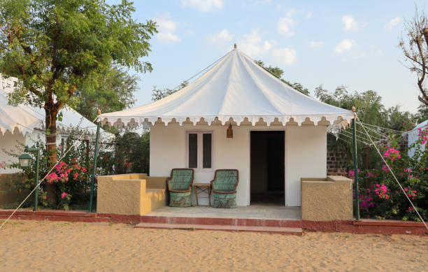 A Retro style Fabric Tent erected for a Desert camp event in Jaisalmer for Camel safaris Rajasthan in India.