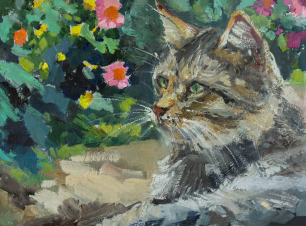 istock Cat flowers oil painting 2155972248