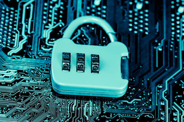 Abstract,close up of Lock on Mainboard Electronic computer background.(best internet top security)