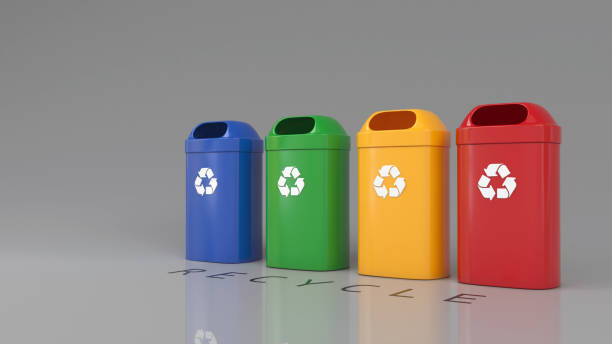 istock 3D rendering of colored plastic garbage bins for waste recycling. 2155975261