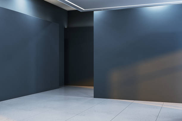 istock Modern interior gallery with empty blue walls and white floor, showcasing space for art exhibition, on an abstract background, concept of minimalist design. 3D Rendering 2155975763