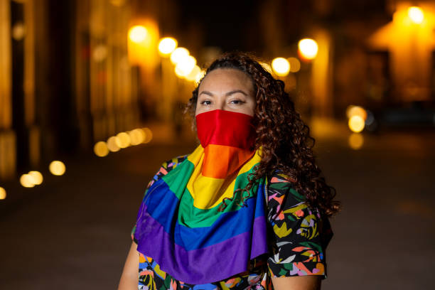istock Proud Non Binary person with LGBTQ+ Symbols as a Face covered 2155976183