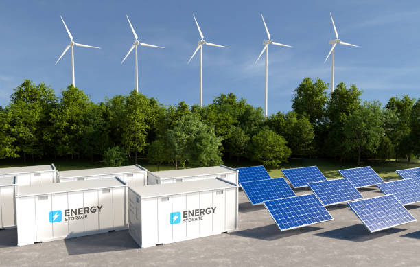 istock Energy storage systems with wind turbines and solar farms, Green alternative energy, Net zero emissions concept 2155976732