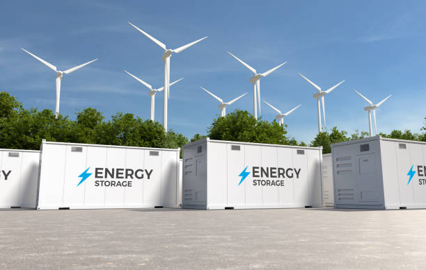 istock Energy storage systems with wind turbines, Green alternative energy concept 2155976772