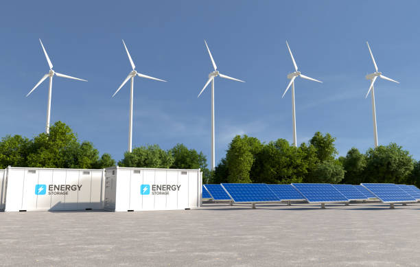 istock Energy storage systems with wind turbines and solar farms, Green alternative energy, Net zero emissions concept. 2155976786
