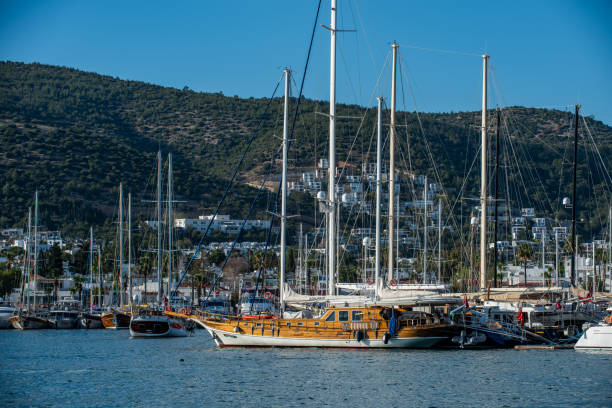 Muğla, Turkey - April 19, 2023 : Boats anchored in Bodrum marina